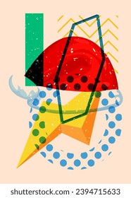 Risograph Santa Claus Hat with geometric shapes. Objects in trendy riso graph print texture style design with geometry elements.