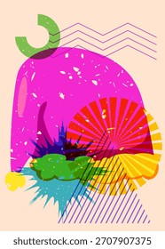 Risograph Santa Claus Hat with geometric shapes. Objects in trendy riso graph print texture style design with geometry elements.