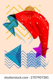 Sombrero de Papá Noel Risógrafo con Formas geométricas. Objetos en el diseño de moda del estilo de la textura de la impresión del gráfico del riso con los Elementos de la geometría.