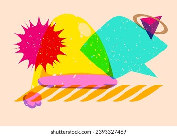 Risograph Santa Claus hat with speech bubble with geometric shapes. Holiday in trendy riso graph print texture style design with geometry elements.