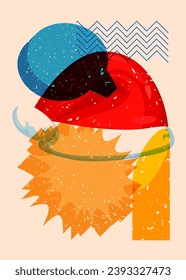 Risograph Santa Claus hat with speech bubble with geometric shapes. Holiday in trendy riso graph print texture style design with geometry elements.