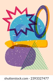 Risograph Santa Claus hat with speech bubble with geometric shapes. Holiday in trendy riso graph print texture style design with geometry elements.