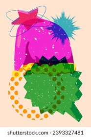 El sombrero del Risograph Santa Claus con burbuja de habla con formas geométricas. Vacaciones en diseño de estilo de textura de impresión de riso a la moda con elementos geométricos.