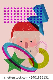 Risograph Santa Claus head, face with geometric shapes. Objects in trendy riso graph print texture style design with geometry elements.