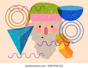 Risograph Santa Claus head, face with geometric shapes. Objects in trendy riso graph print texture style design with geometry elements.