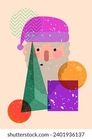 Risograph Santa Claus head, face with geometric shapes. Objects in trendy riso graph print texture style design with geometry elements.
