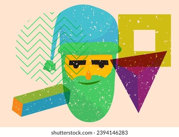 Risograph Santa Claus head with geometric shapes. Objects in trendy riso graph print texture style design with geometry elements.