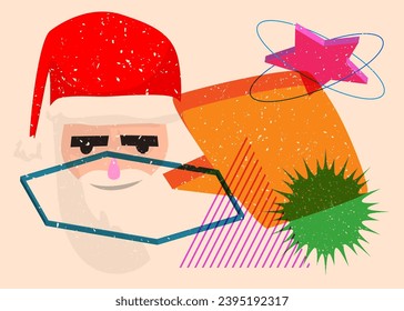 Risograph Santa Claus head with speech bubble with geometric shapes. Objects in trendy riso graph print texture style design with geometry elements.