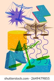 Risograph Scale with geometric shapes. Objects in trendy riso graph print texture style design with geometry elements.