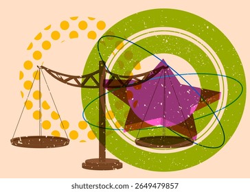 Risograph Scale with geometric shapes. Objects in trendy riso graph print texture style design with geometry elements.