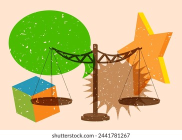 Risograph Scale with speech bubble with geometric shapes. Objects in trendy riso graph print texture style design with geometry elements.