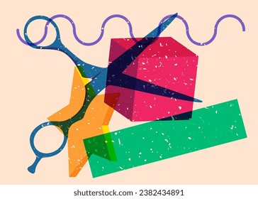 Risograph scissor with geometric shapes. Objects in trendy riso graph print texture style design with geometry elements.