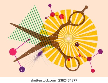 Risograph scissor with geometric shapes. Objects in trendy riso graph print texture style design with geometry elements.