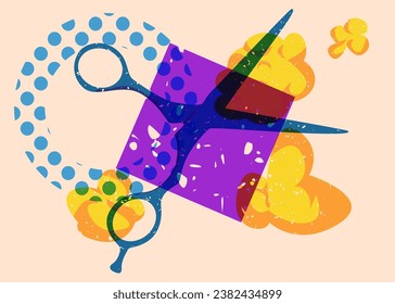 Risograph scissor with geometric shapes. Objects in trendy riso graph print texture style design with geometry elements.