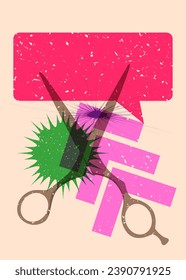 Risograph scissor with speech bubble with geometric shapes. Objects in trendy riso graph print texture style design with geometry elements.