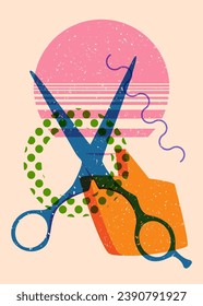 Risograph scissor with speech bubble with geometric shapes. Objects in trendy riso graph print texture style design with geometry elements.