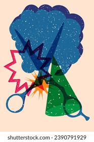 Risograph scissor with speech bubble with geometric shapes. Objects in trendy riso graph print texture style design with geometry elements.