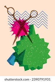 Risograph scissor with speech bubble with geometric shapes. Objects in trendy riso graph print texture style design with geometry elements.