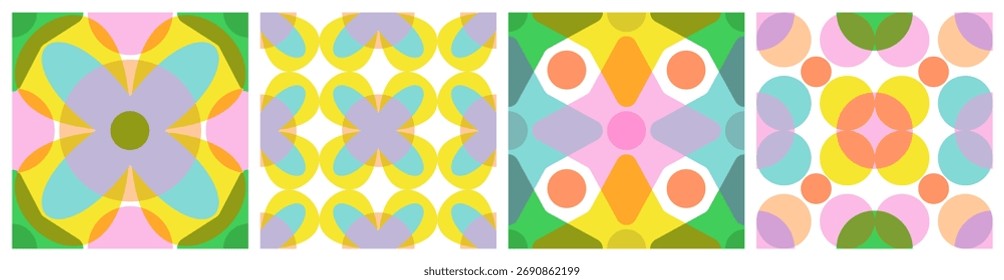 Risograph seamless patterns set with abstract contemporary shapes. Abstract bauhaus design with Riso print effect in vibrant colours. Minimalistic Scandinavian nursery print.