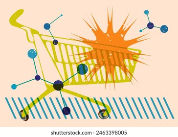 Risograph Shopping Cart with geometric shapes. Objects in trendy riso graph print texture style design with geometry elements.