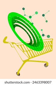 Risograph Shopping Cart with geometric shapes. Objects in trendy riso graph print texture style design with geometry elements.