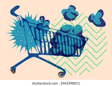 Risograph Shopping Cart with geometric shapes. Objects in trendy riso graph print texture style design with geometry elements.