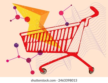 Risograph Shopping Cart with geometric shapes. Objects in trendy riso graph print texture style design with geometry elements.