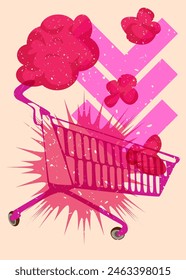 Risograph Shopping Cart with geometric shapes. Objects in trendy riso graph print texture style design with geometry elements.