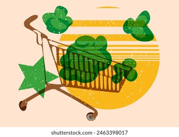 Risograph Shopping Cart with geometric shapes. Objects in trendy riso graph print texture style design with geometry elements.