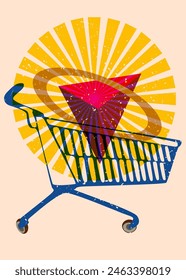 Risograph Shopping Cart with geometric shapes. Objects in trendy riso graph print texture style design with geometry elements.