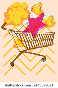 Risograph Shopping Cart with geometric shapes. Objects in trendy riso graph print texture style design with geometry elements.