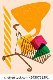 Risograph Shopping cart with speech bubble with geometric shapes. Objects in trendy riso graph print texture style design with geometry elements.