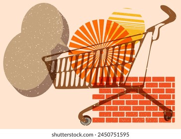 Risograph Shopping cart with speech bubble with geometric shapes. Objects in trendy riso graph print texture style design with geometry elements.