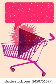 Risograph Shopping cart with speech bubble with geometric shapes. Objects in trendy riso graph print texture style design with geometry elements.