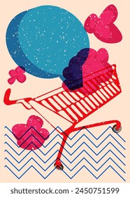 Risograph Shopping cart with speech bubble with geometric shapes. Objects in trendy riso graph print texture style design with geometry elements.