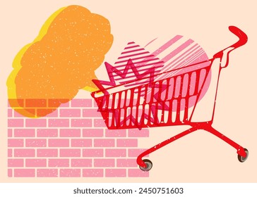 Risograph Shopping cart with speech bubble with geometric shapes. Objects in trendy riso graph print texture style design with geometry elements.