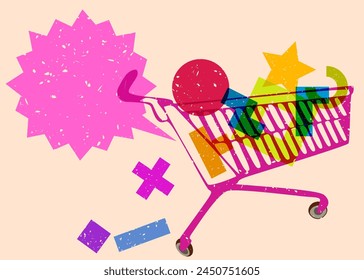 Risograph Shopping cart with speech bubble with geometric shapes. Objects in trendy riso graph print texture style design with geometry elements.