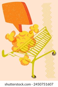 Risograph Shopping cart with speech bubble with geometric shapes. Objects in trendy riso graph print texture style design with geometry elements.