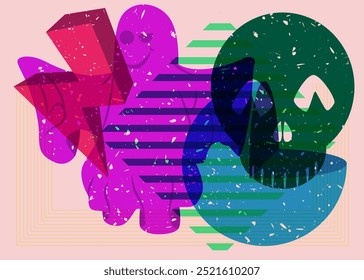 Risograph Skull and ghost with geometric shapes. Halloween objects in trendy riso graph print texture style design with geometry elements.