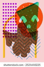 Risograph Skull and ghost with geometric shapes. Halloween objects in trendy riso graph print texture style design with geometry elements.