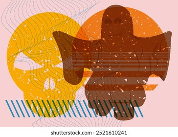 Risograph Skull and ghost with geometric shapes. Halloween objects in trendy riso graph print texture style design with geometry elements.