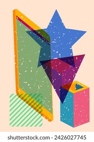 Risograph Smart Phone with geometric shapes. Objects in trendy riso graph print texture style design with geometry elements.