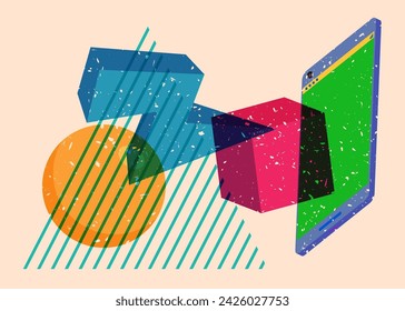 Risograph Smart Phone with geometric shapes. Objects in trendy riso graph print texture style design with geometry elements.