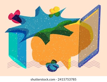 Risograph Smart Phone with speech bubble with geometric shapes. Objects in trendy riso graph print texture style design with geometry elements.
