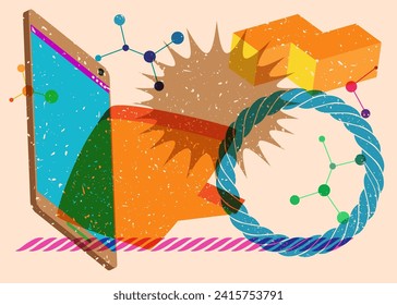 Risograph Smartphone mit Sprachblase mit geometrischen Formen. Objekte in trendigem Riso Graphen Print Textur Stil Design mit Geometrie Elemente.