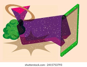 Risograph Smart Phone with speech bubble with geometric shapes. Objects in trendy riso graph print texture style design with geometry elements.