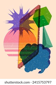 Risograph Smart Phone con burbuja de voz con formas geométricas. Objetos en diseño de estilo de textura de impresión del gráfico de riso con elementos geométricos.