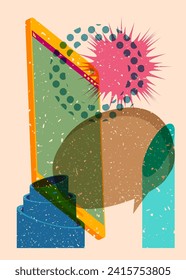Risograph Smart Phone with speech bubble with geometric shapes. Objects in trendy riso graph print texture style design with geometry elements.