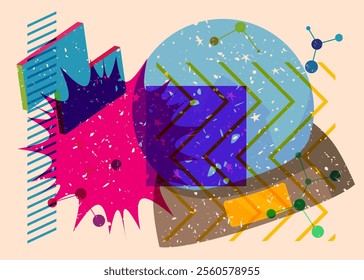 Risograph Snow Globe with geometric shapes. Objects in trendy riso graph print texture style design with geometry elements.