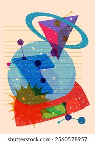 Risograph Snow Globe with geometric shapes. Objects in trendy riso graph print texture style design with geometry elements.